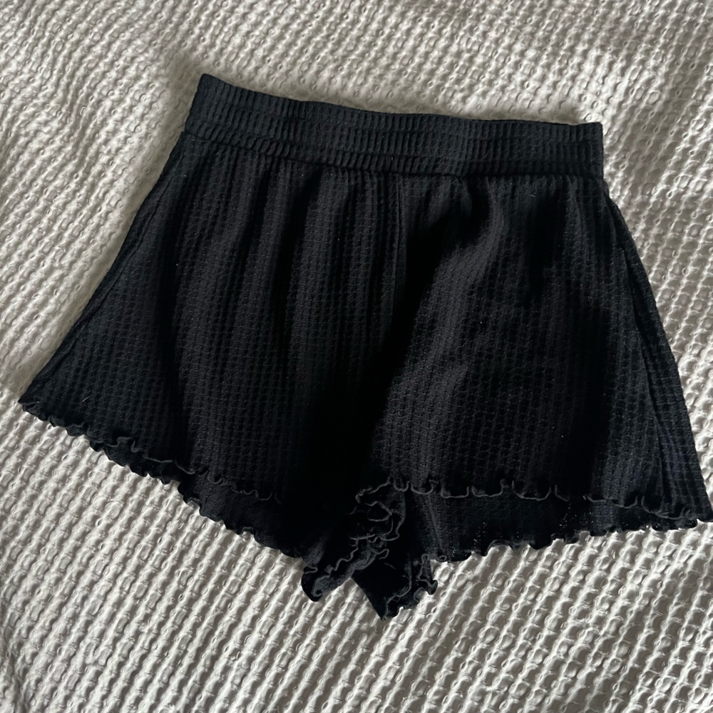 Black Ruffled Waffle Shorts